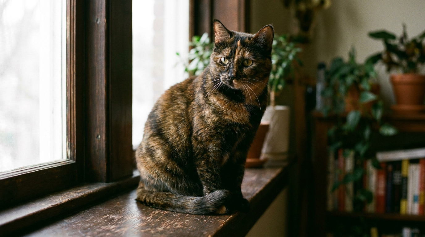 A cat with a glossy, healthy coat sitting calmly in soft natural window light