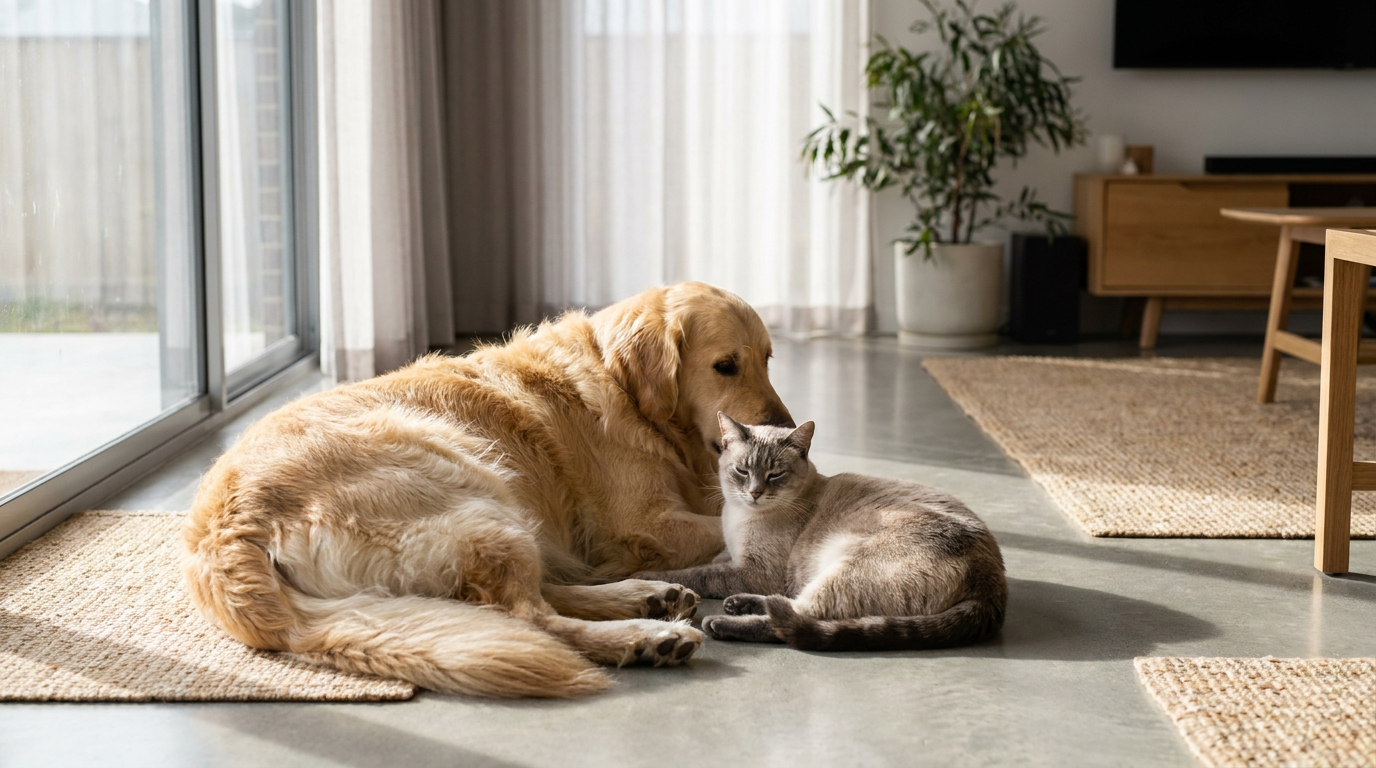 A relaxed dog and cat together in a bright Australian home
