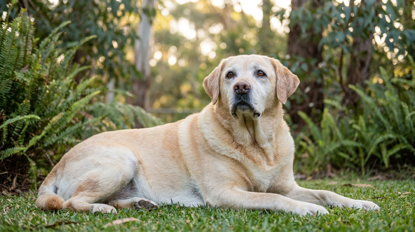 A calm senior labrador resting comfortably on the grass