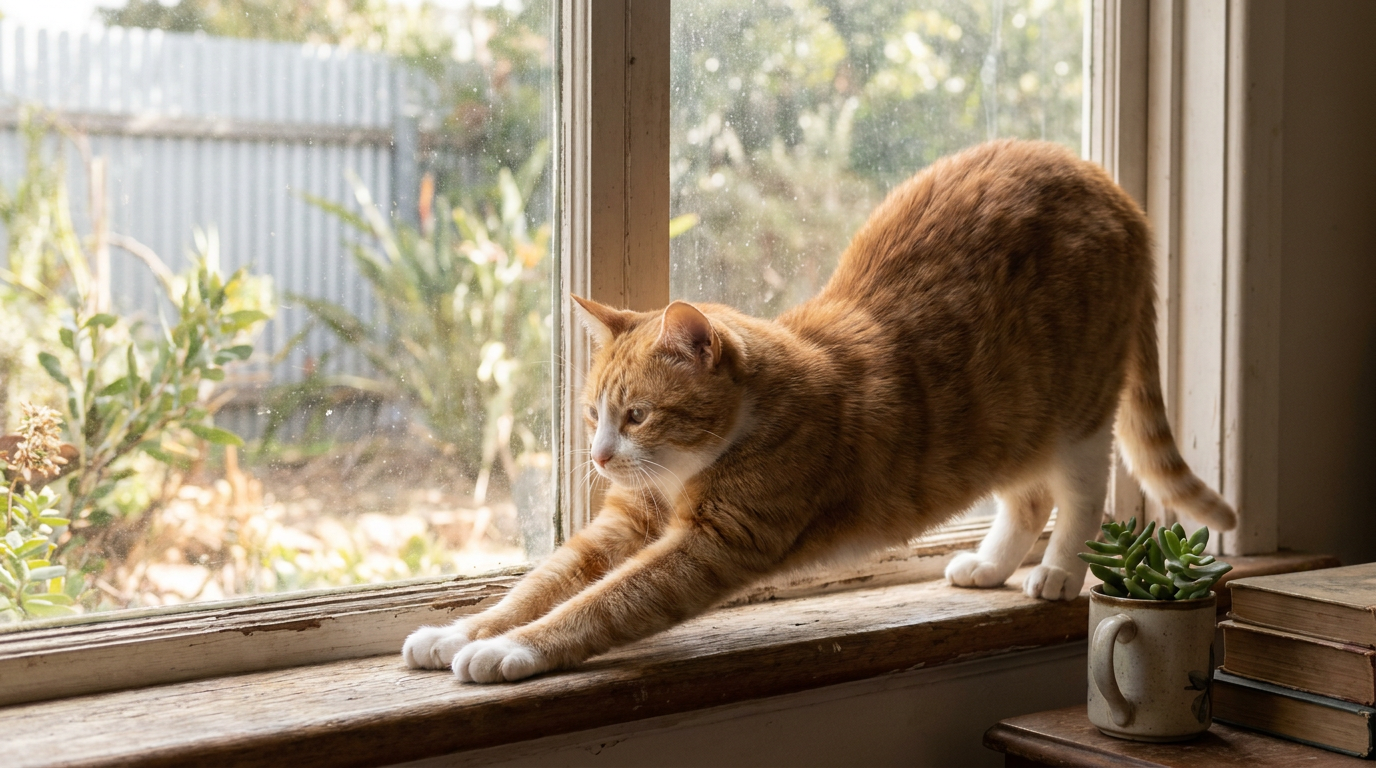 A healthy mature cat stretching on a sunlit windowsill in an Australian home