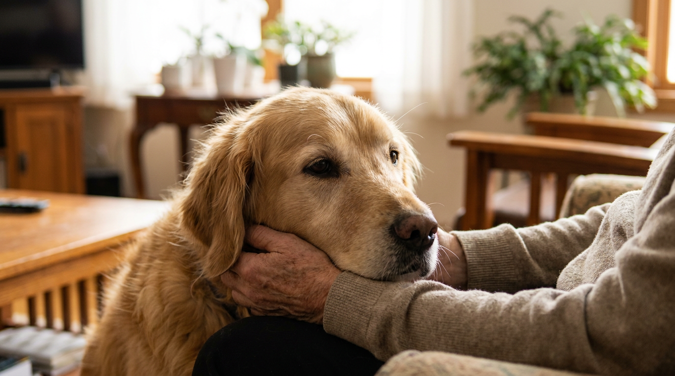 A calm Golden Retriever being gently held, conveying vet-recommended trust