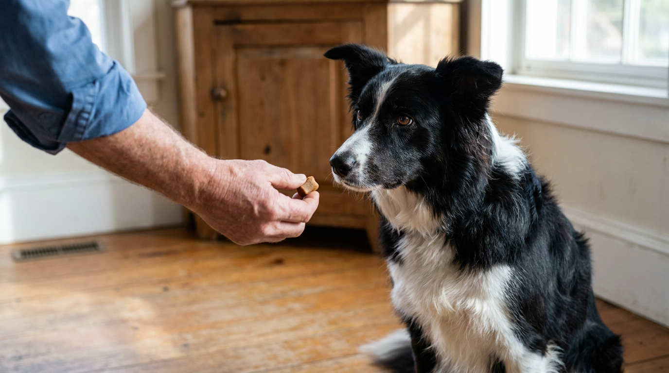 An attentive Border Collie being offered a small joint-support chew by hand