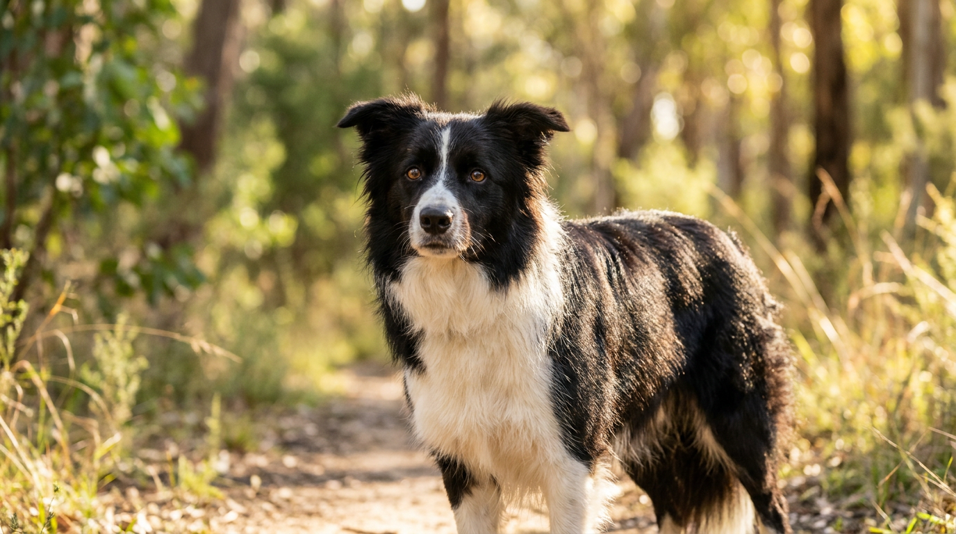 A healthy bright-eyed Border Collie in Australian bushland