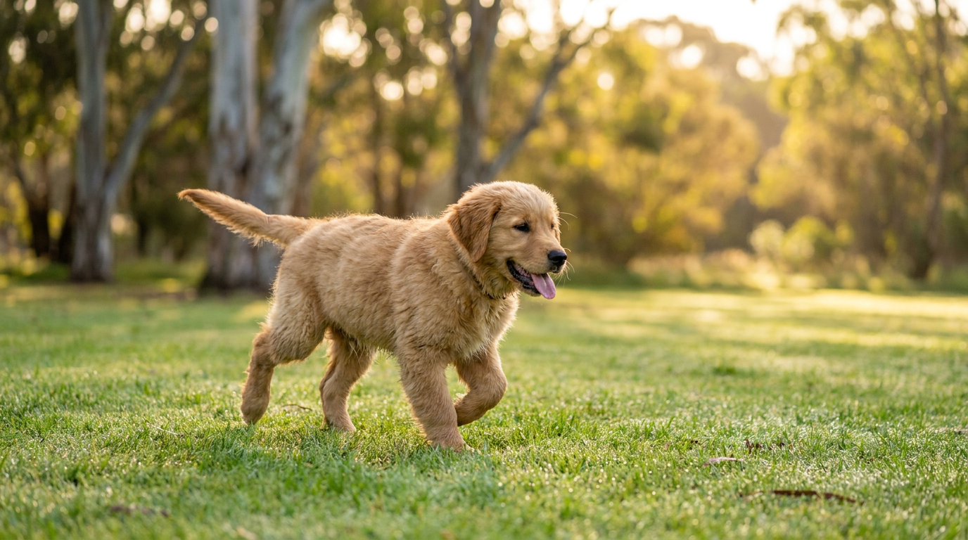 A young Golden Retriever puppy trotting across grass in an Australian park