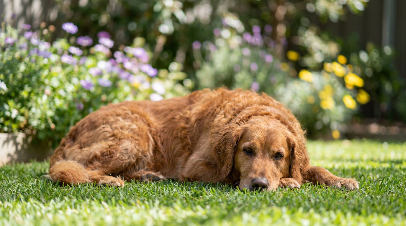 A content healthy dog lying calmly on green grass in an Australian garden