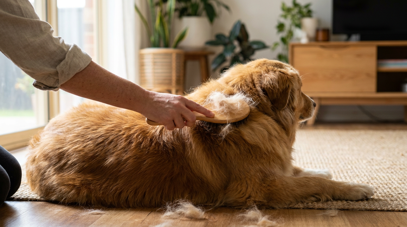 A double-coated dog being gently brushed by hand in natural light
