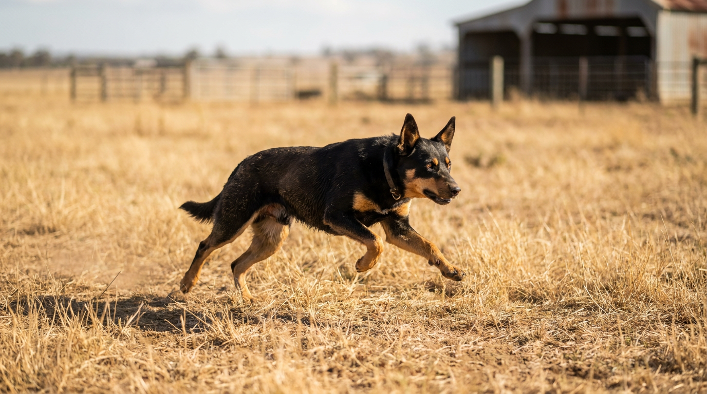 A working Australian Kelpie mid-stride across a sunlit farm paddock