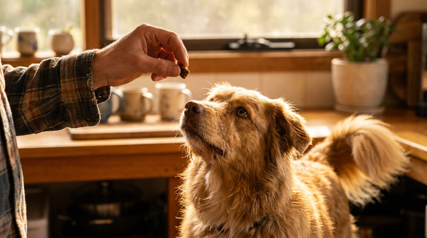 A happy dog looking up as a hand offers a single small treat