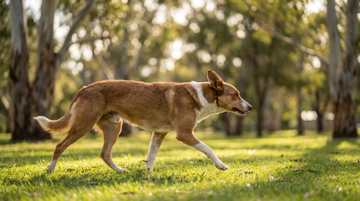 A lean healthy dog walking briskly on green grass in an Australian park