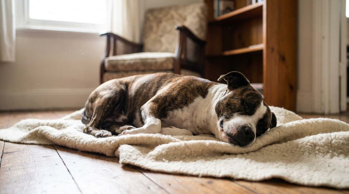 A calm, contented short-coat Staffy resting on a soft blanket indoors in natural light