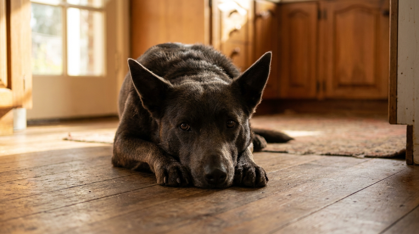 A kelpie lying quietly on a timber kitchen floor with its chin on its paws, looking subdued and disinterested in food