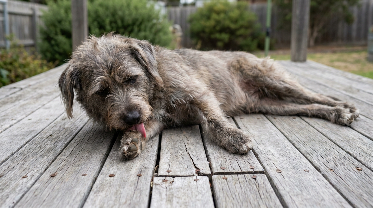 A dog lying on a timber deck licking its front paw