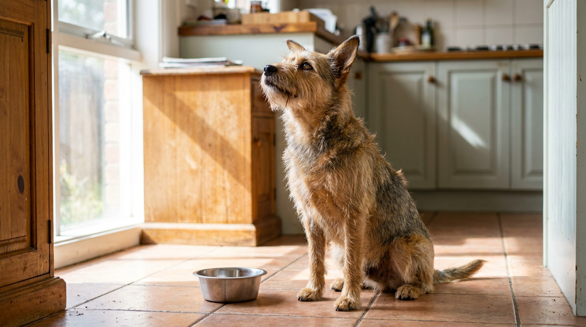 A dog waiting attentively beside its bowl in a bright Australian kitchen