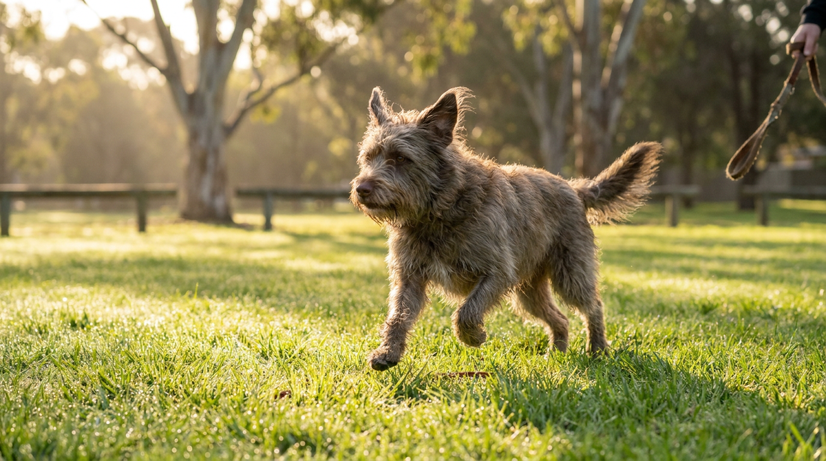 A healthy adult dog moving easily across a green Australian park lawn in morning light