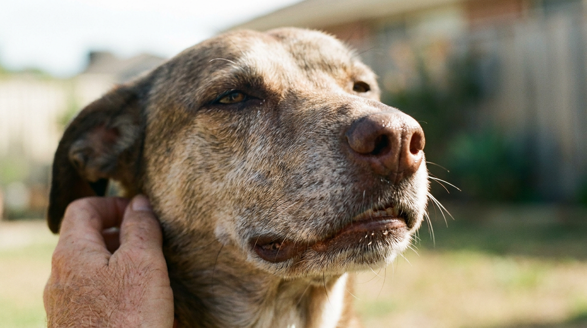 A close portrait of a relaxed dog's muzzle in soft natural light