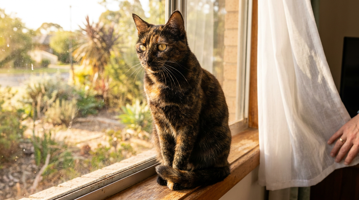 A healthy domestic shorthair cat sitting on a sunlit windowsill