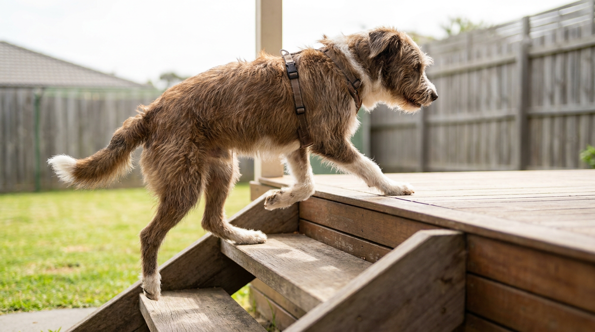 A dog trotting up timber steps onto a back deck, showing easy mobility