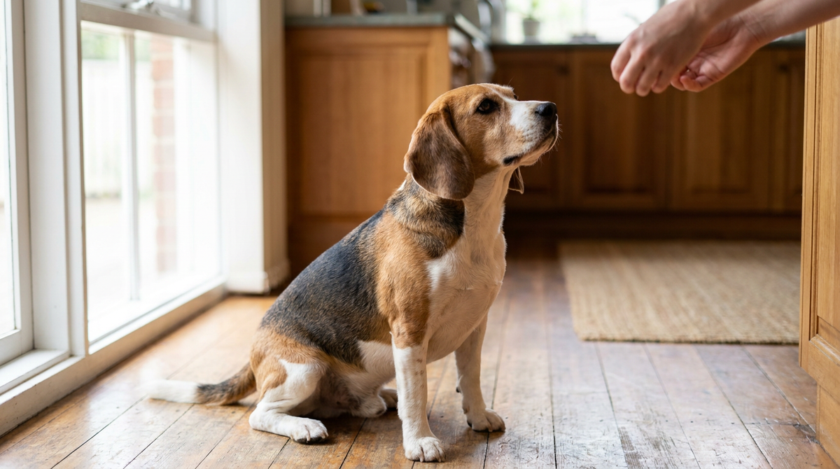 Beagle sitting attentively on a home kitchen floor in soft window light, looking up toward a pair of hands at the edge of the frame
