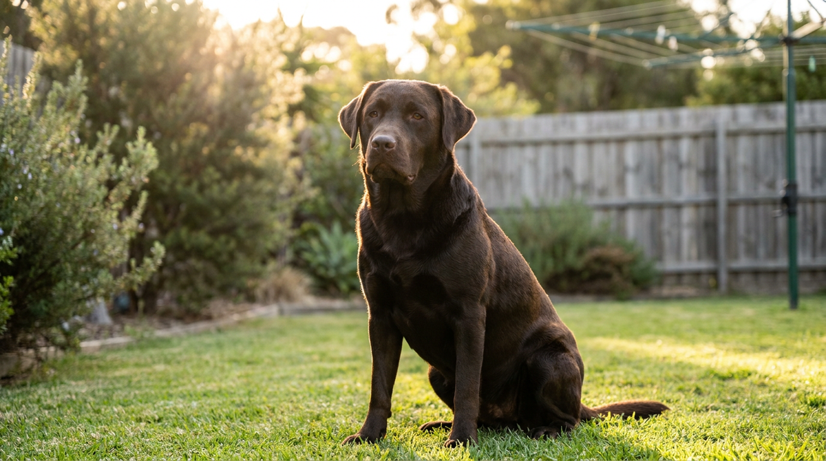 Healthy chocolate Labrador with a glossy coat sitting on green grass in an Australian backyard in soft golden-hour light