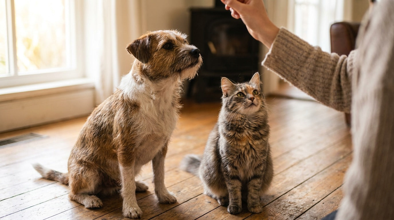 A dog and a cat together on a timber floor in a bright Australian home