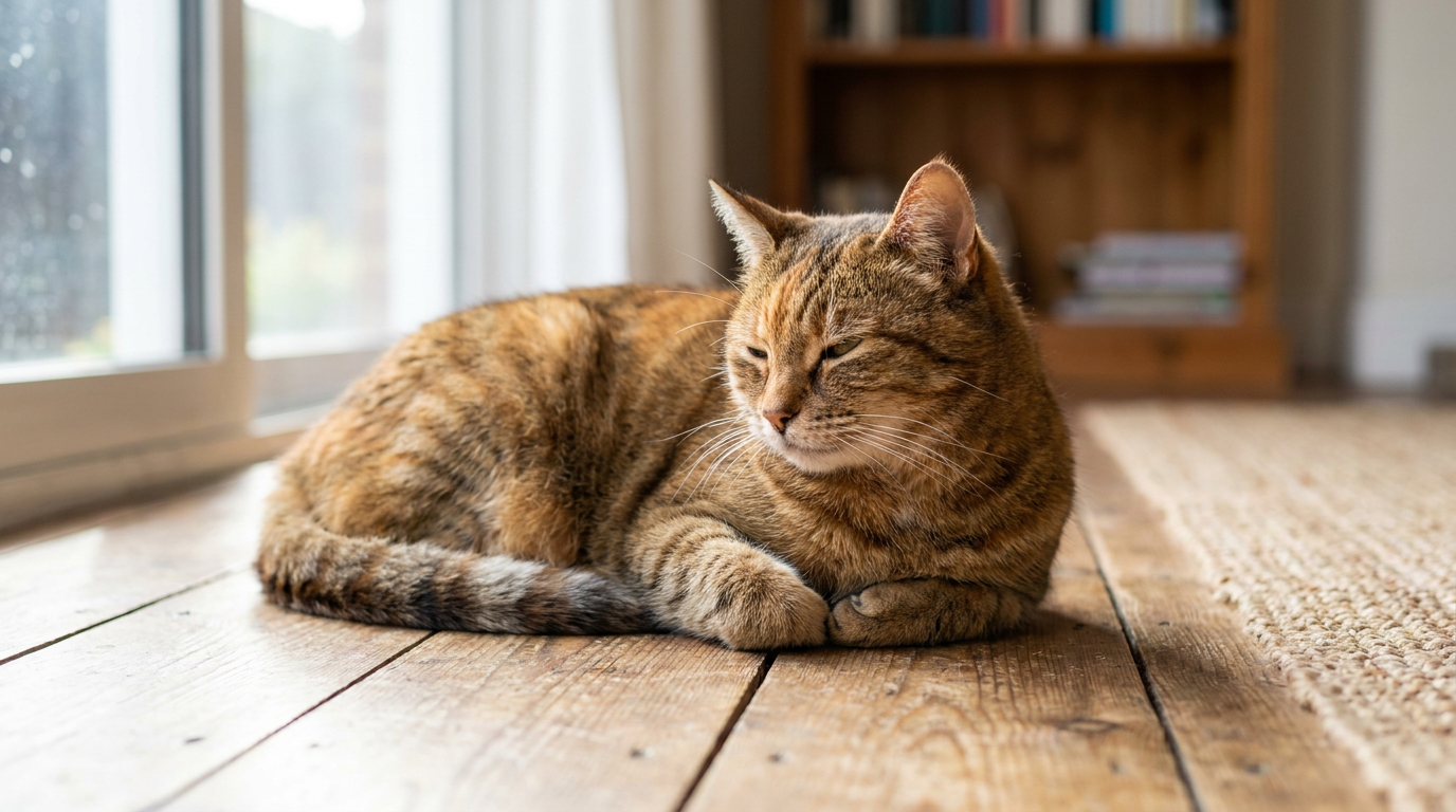 A relaxed tabby cat resting comfortably on a timber floor in natural light