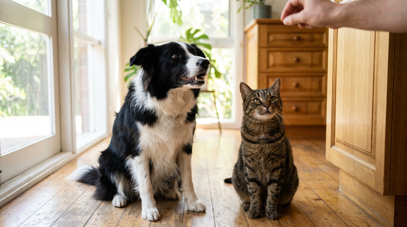 A dog and cat waiting at breakfast time as part of a daily pet wellness supplement routine