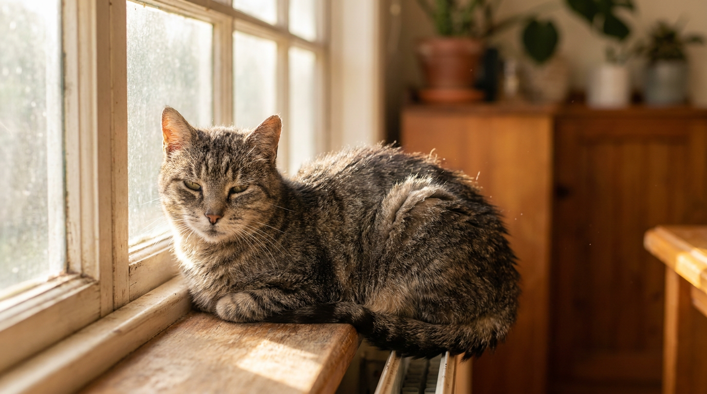 A senior tabby cat resting on a warm windowsill, showing the quiet mobility changes of ageing cats