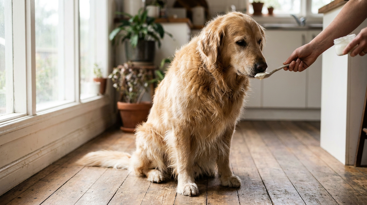 Golden retriever being offered a spoonful of plain yoghurt in a sunlit Australian kitchen
