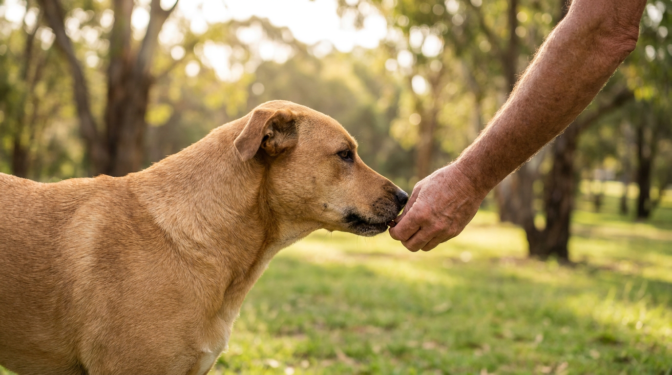 A tan dog gently taking a treat from a person's hand in a sunlit Australian park