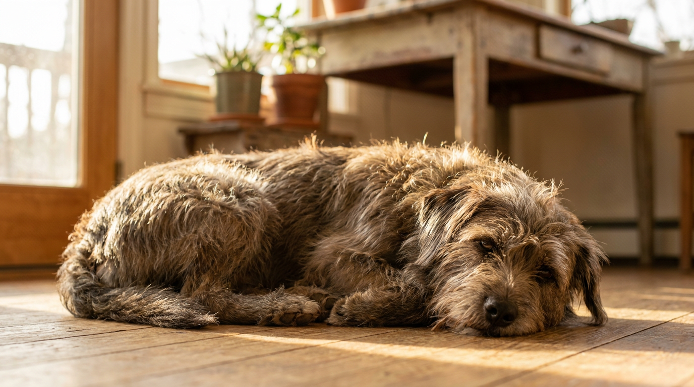 A relaxed, healthy dog lying contentedly on a kitchen floor in warm natural light