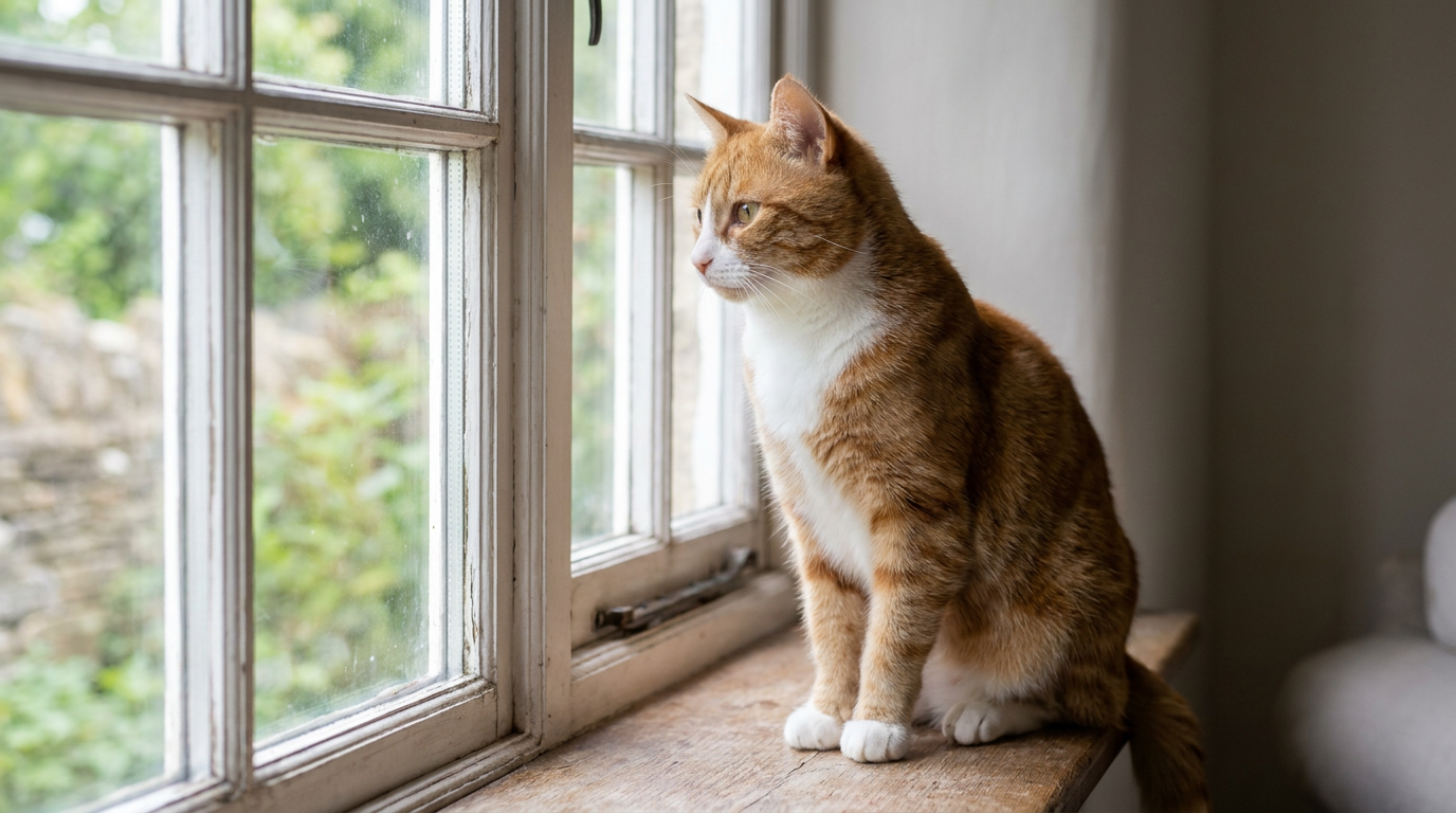 A healthy, alert cat sitting on a windowsill in soft natural daylight