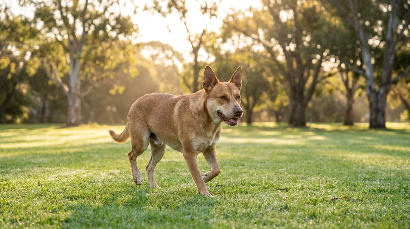 Healthy dog moving easily across an Australian park lawn