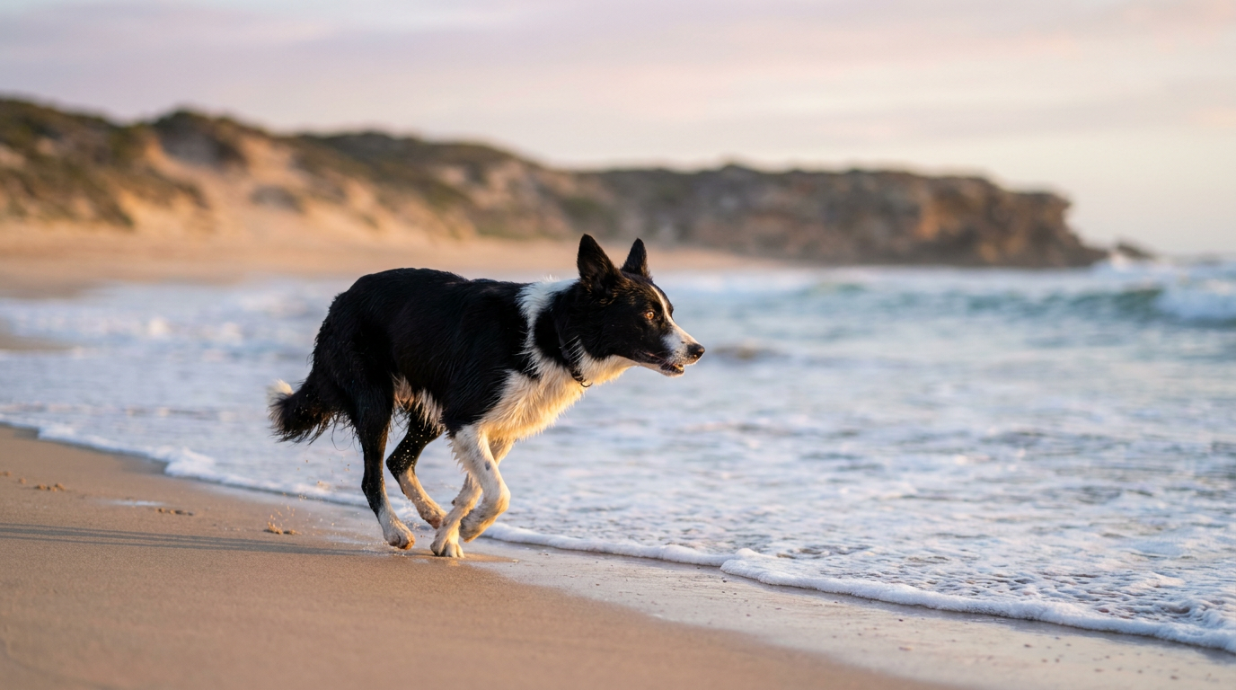 A lean, active dog running along an Australian beach
