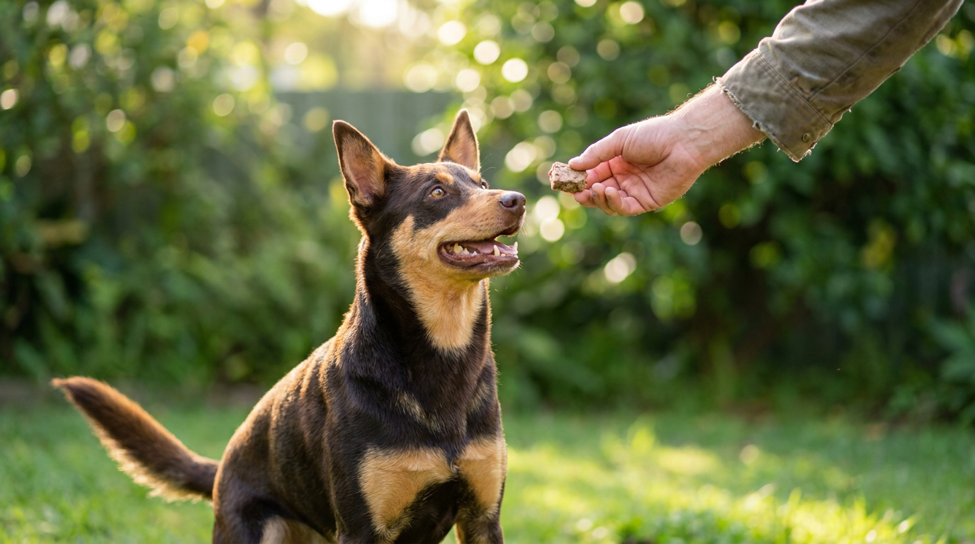 A healthy Australian Kelpie sitting on backyard grass being offered a single treat by hand in natural morning light