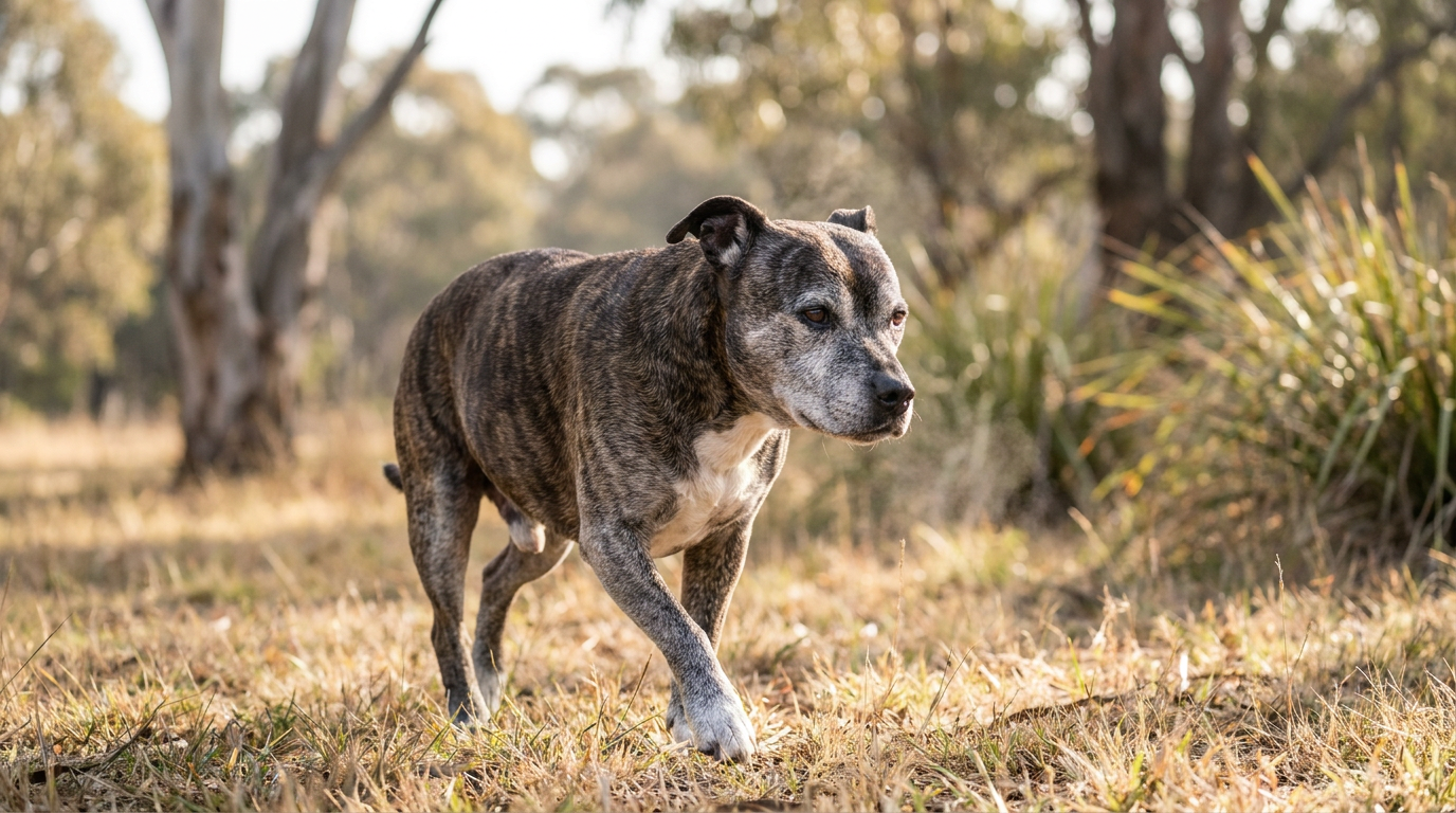 An older Staffordshire terrier walking gently across grass in an Australian park