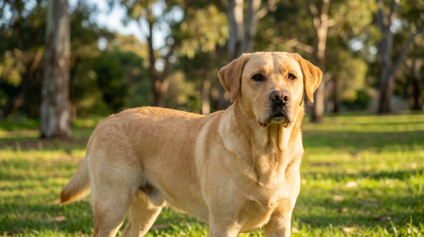 A healthy adult Labrador standing on grass in an Australian park