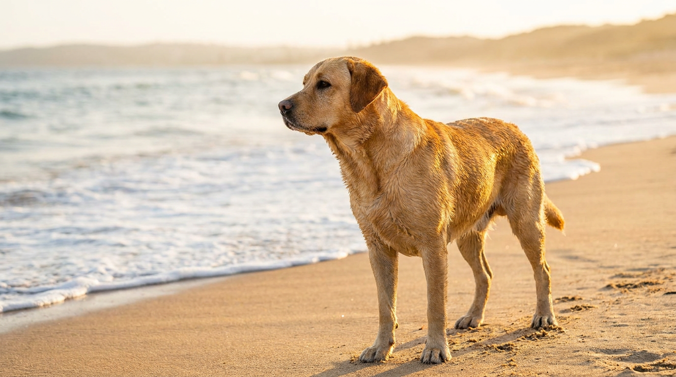 A healthy Labrador on a sandy Australian beach at golden hour