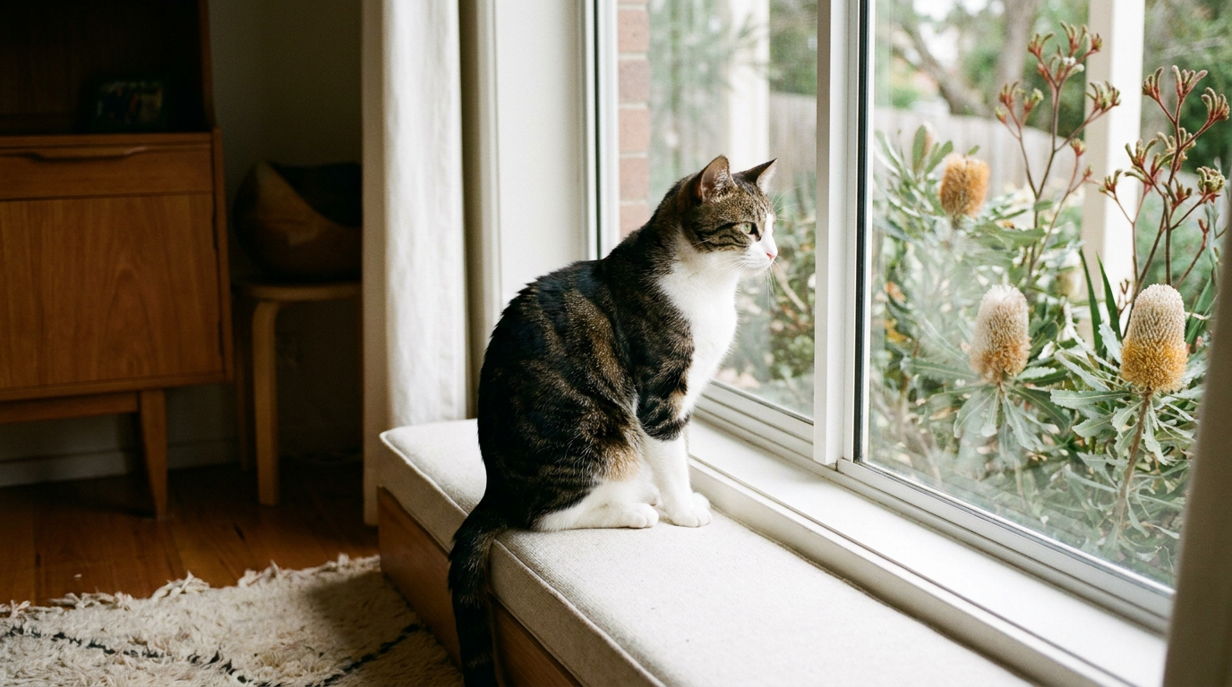 A sleek healthy cat with a glossy coat in natural window light