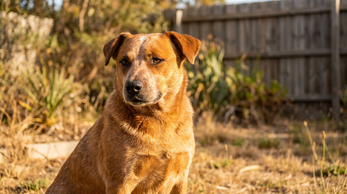 A red-coated dog with a glossy shining coat in Australian afternoon sunlight