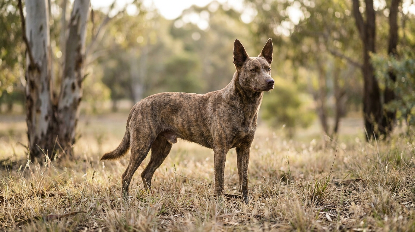 A lean athletic healthy dog standing alert on grass in an Australian park
