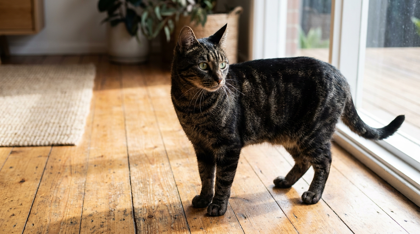 A sleek muscular healthy cat standing alert on a timber floor in natural light