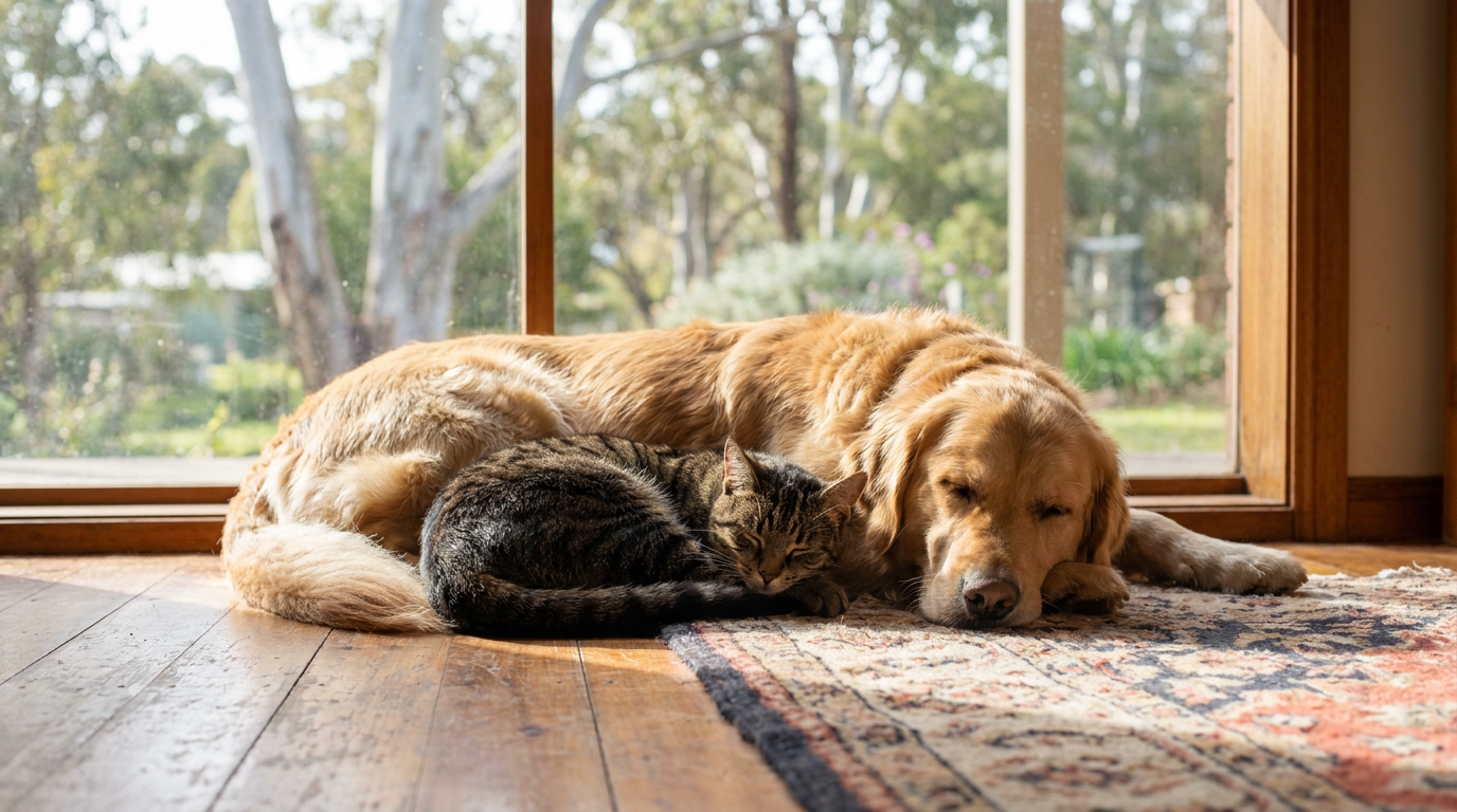 A relaxed healthy dog and cat resting together on a wooden floor
