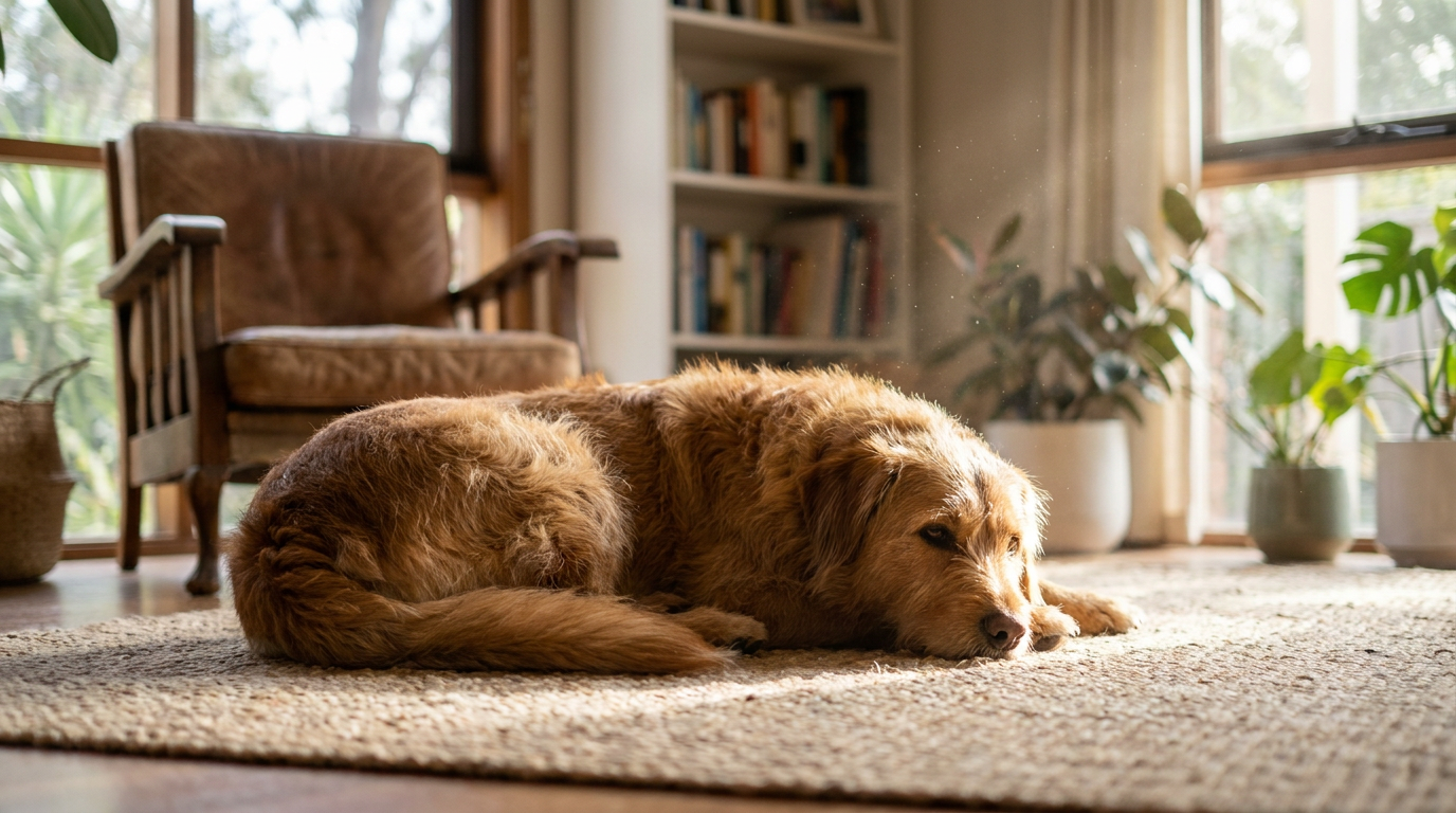 A calm healthy dog lying comfortably on a soft rug in warm light