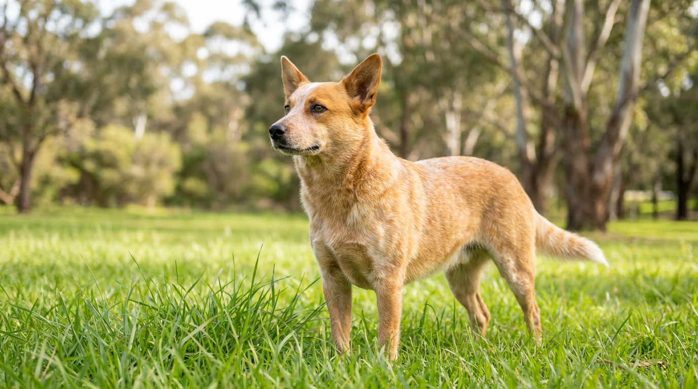 A vibrant healthy dog standing in green grass in bright daylight