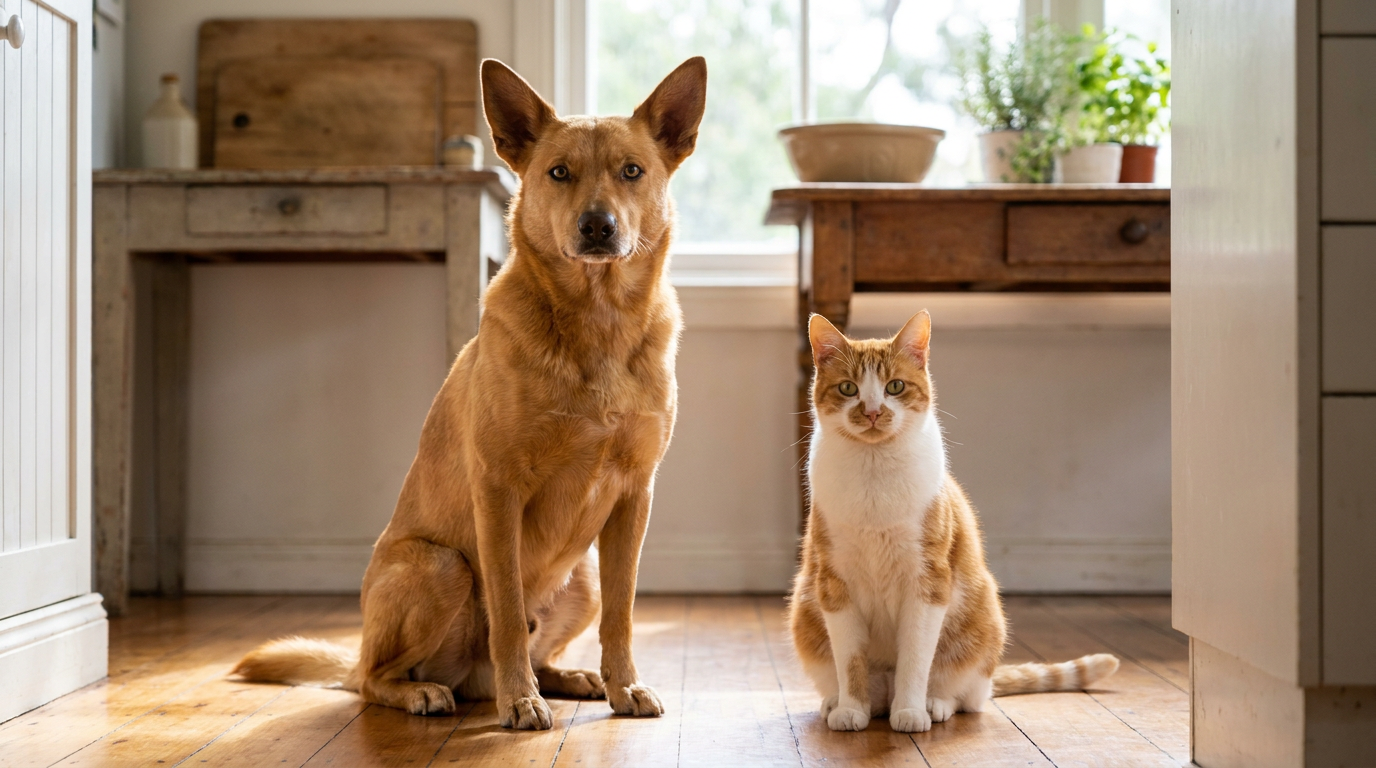 A healthy dog and cat sitting side by side on a kitchen floor