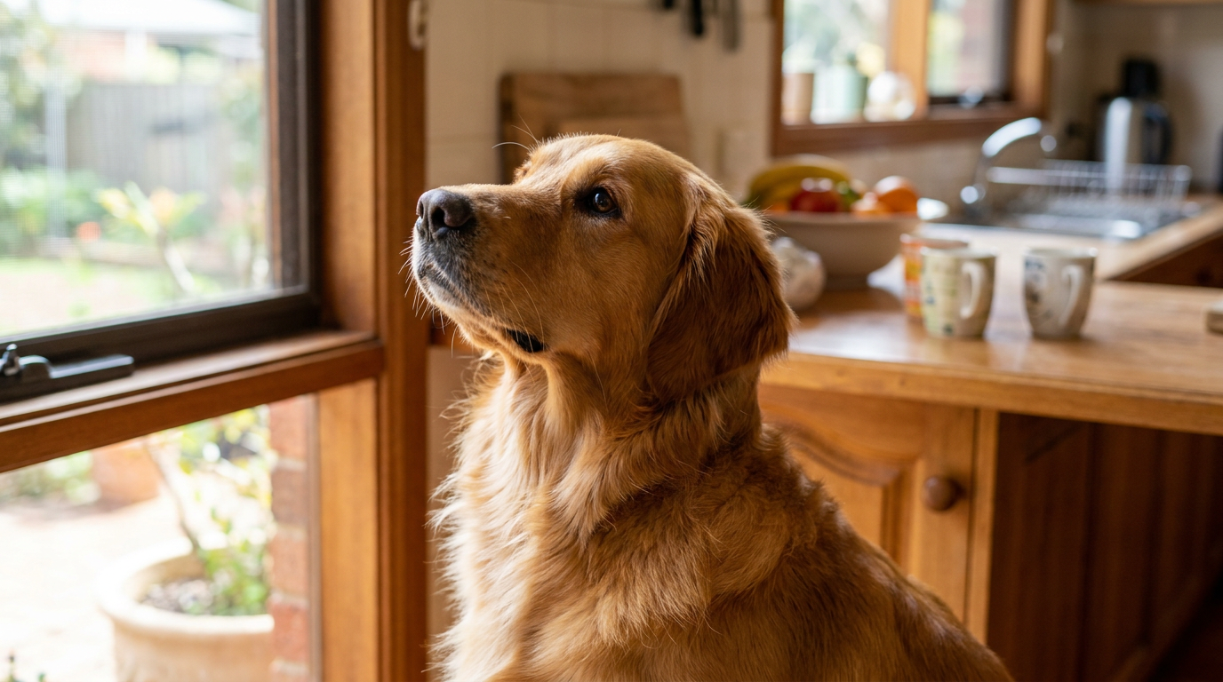 A healthy attentive Golden Retriever sitting and looking up in a bright kitchen