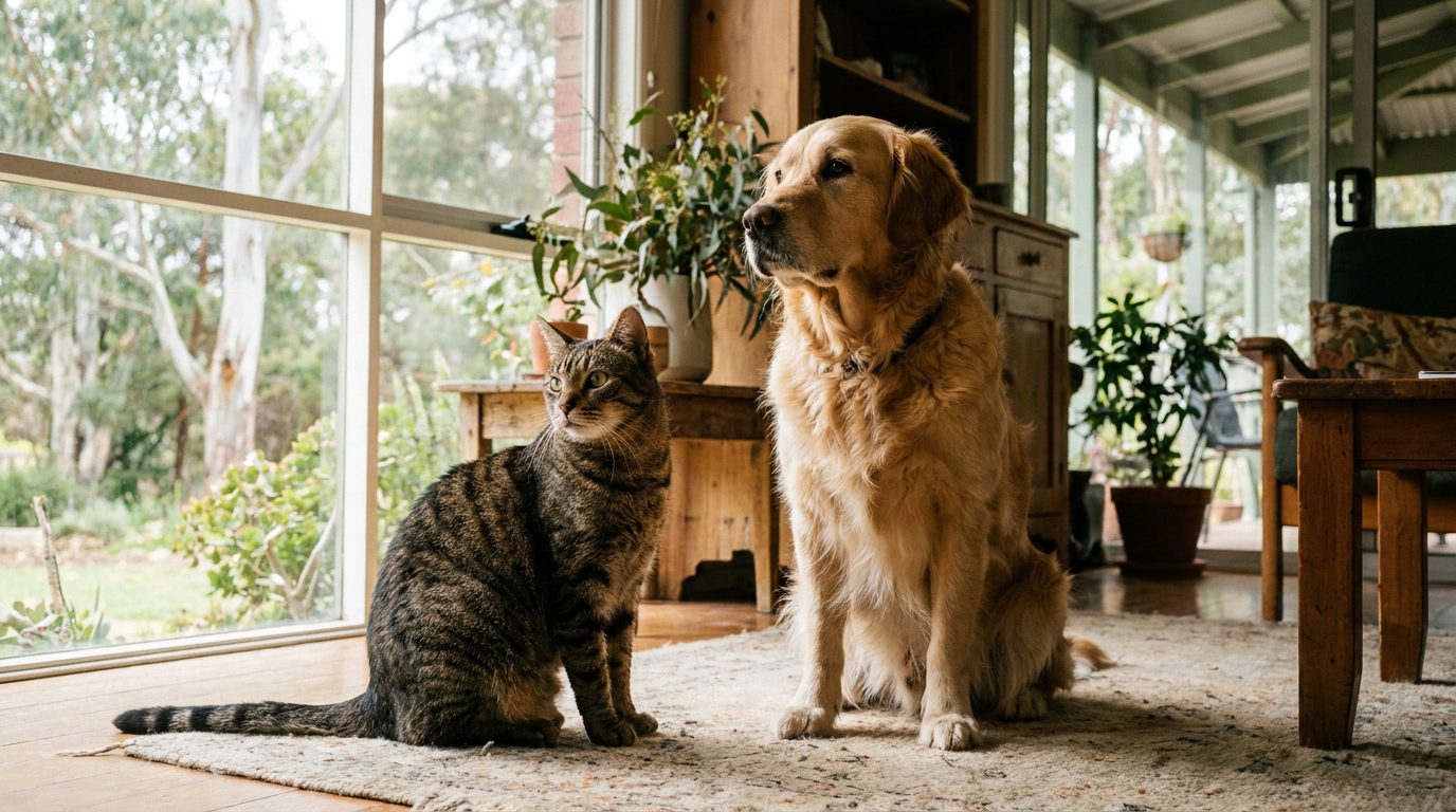 A healthy happy dog and cat together in a bright Australian living room
