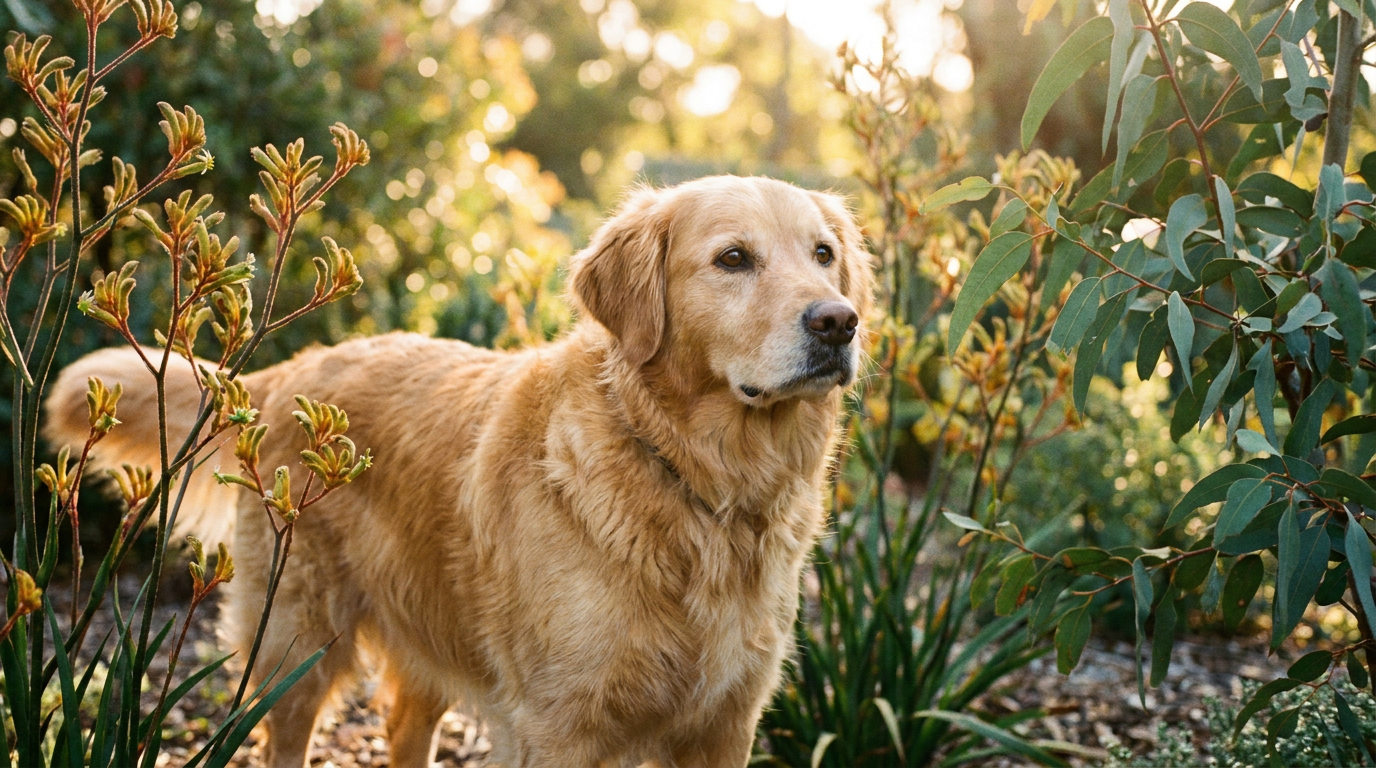 A healthy bright-eyed dog standing in warm morning sunlight in a garden