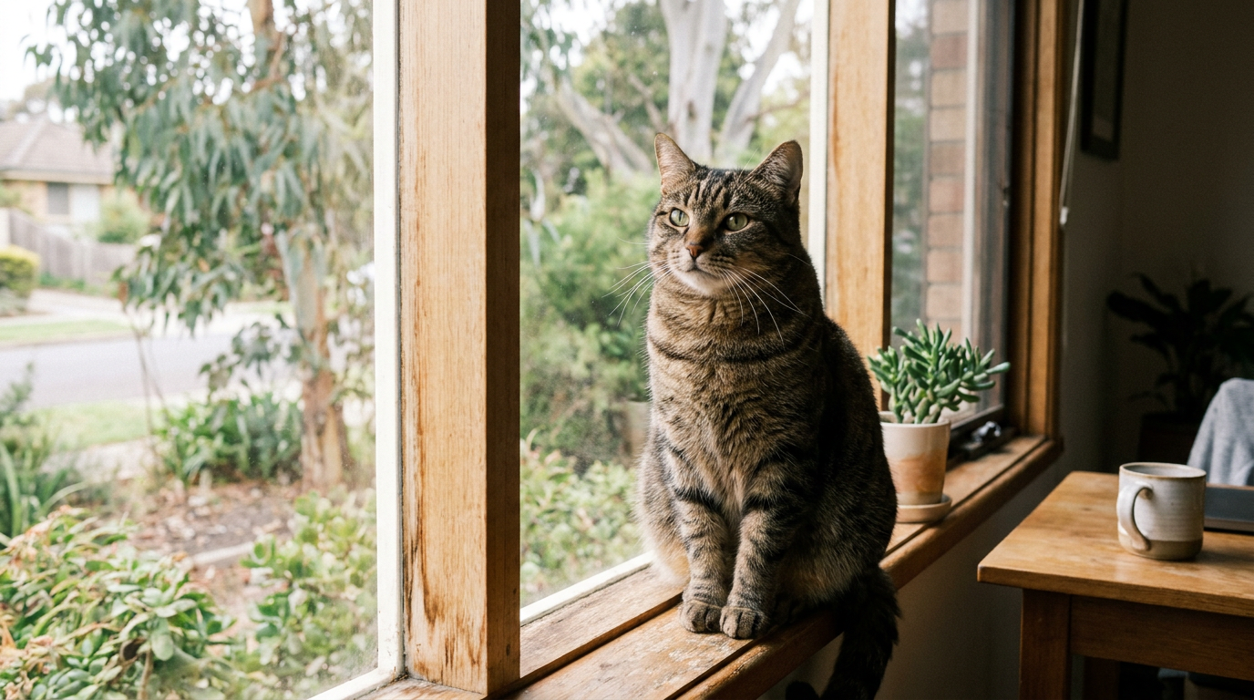 A healthy content cat sitting upright in soft natural window light