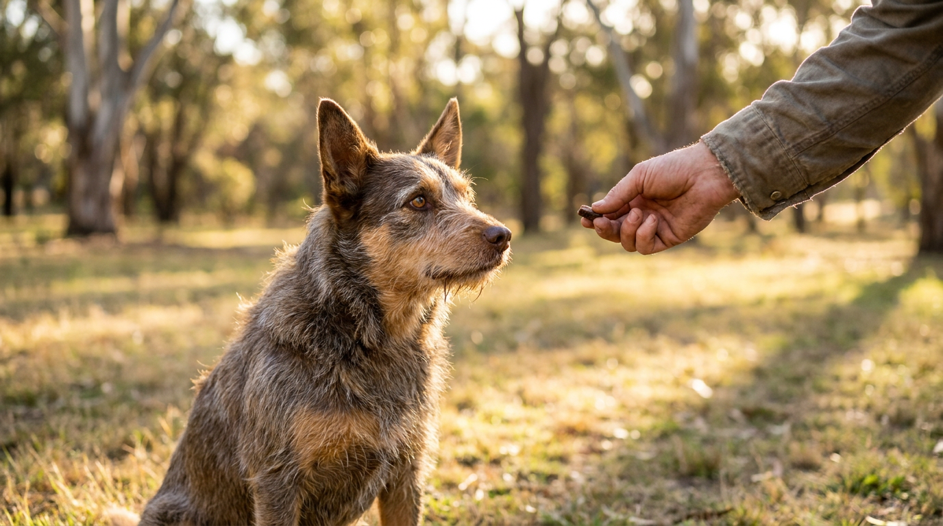 An attentive dog focused during training, a hand offering a small treat